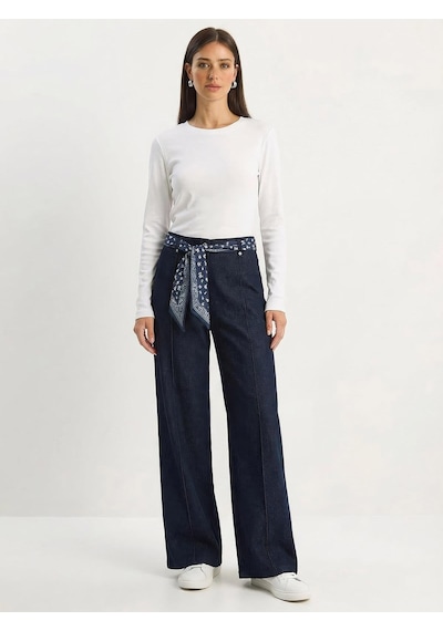 Shade Kadın Saten Kemer Detaylı Wide Leg Denim Pantolon 7510 60283941 - Lacivert