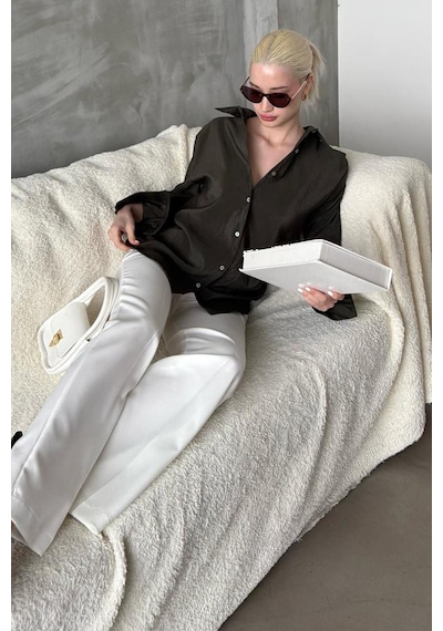 Madmext Haki Kırışık Desen Kadın Gömlek Mg2313 Haki