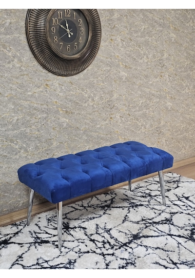 Zafir Krom Kaplama Sivriltme Ayaklı 90 Cm Puf Bench - Puf - Bench - Kasalı Oturak - Oturak - Yatak Ucu Puf Mavi