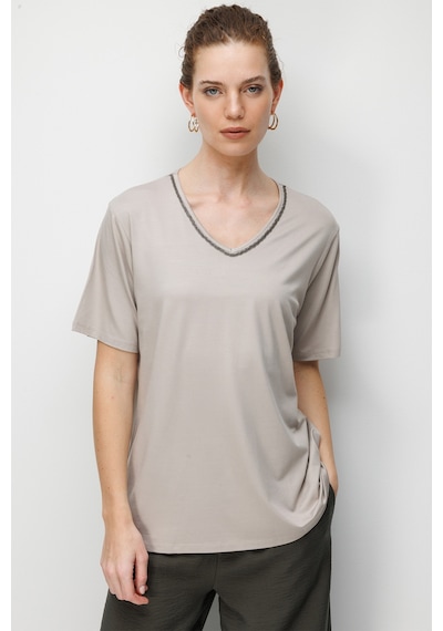 Desen Triko Kadın V Yaka Yaka Kenarı Zincirli Penye T-shirt 26707 Bej Bej