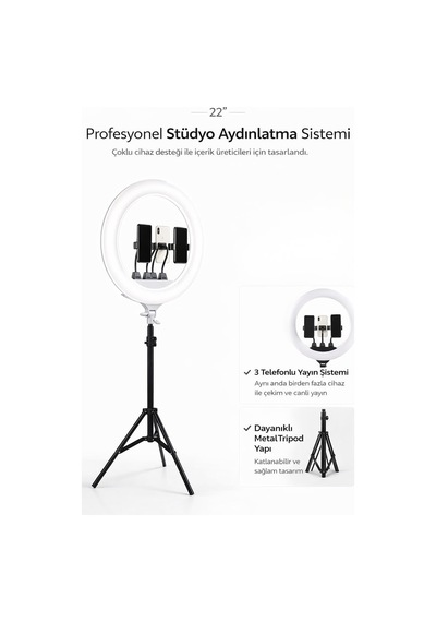 Tr 22 İnç Profesyonel Ring Light 3 Telefon Tutuculu, 3 Işık Modlu, Kademesiz Parlaklık Ayarlı, Çift Usb Çık
