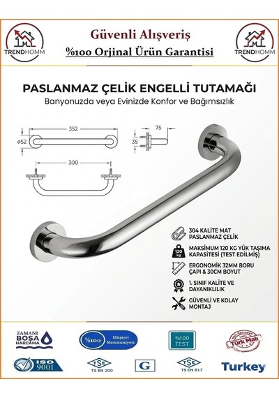 Trendhomm Engelli Tutunma Barı - Bedensel Engelli Küvet Tutunma Barı - 30cm Krom