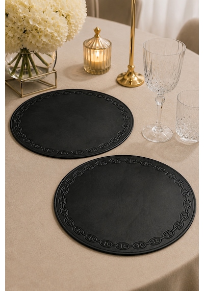 Nakışlı Deri Amerikan Servis 2'li Set Çift Taraflı Yuvarlak Supla 38x38 Cm Raya Siyah