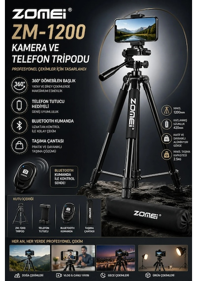 Zm-1200 Kamera Ve Telefon Triopdu-360 Dönebilen Telefon Tutucu Ve Çanta li Siyah
