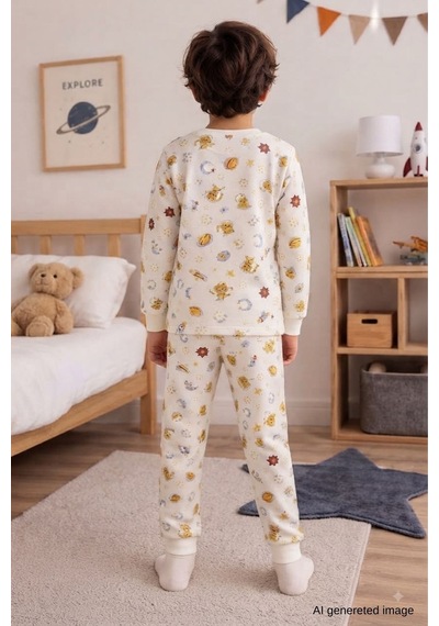 Erkek Çocuk Yeni Sezon Pamuklu Desenli Pijama Takım Tkm1022 Krem