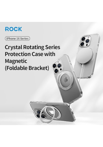 Rock Apple Uyumlu iPhone 16 Pro Crystal Rotating Magsafe Stantlı Kılıf Şeffaf Şeffaf
