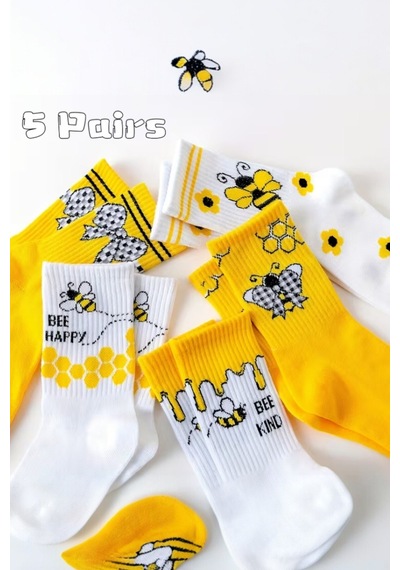 Hitit Socks Kadın 5 Çift Premium Kalite Arı Ve Çiçek Desenli Uzun Soket Çorap Sarı