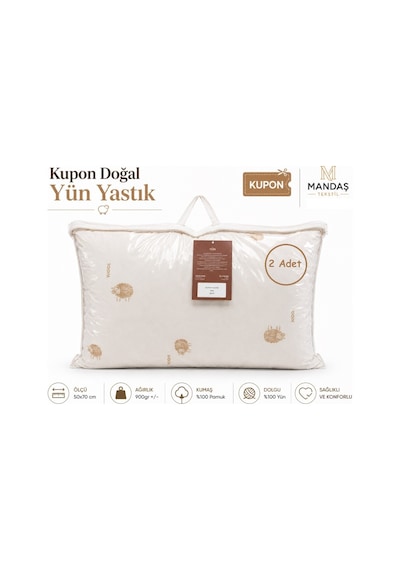 Kupon 2li Doğal Yün Yastık 2x900gr Çantalı 50x70 Beyaz