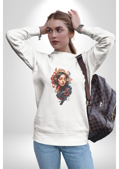 Müzik Dinleyen Kulaklık Yaprak Saçlı Renkli Unisex Beyaz Baskılı Sweatshirt Beyaz