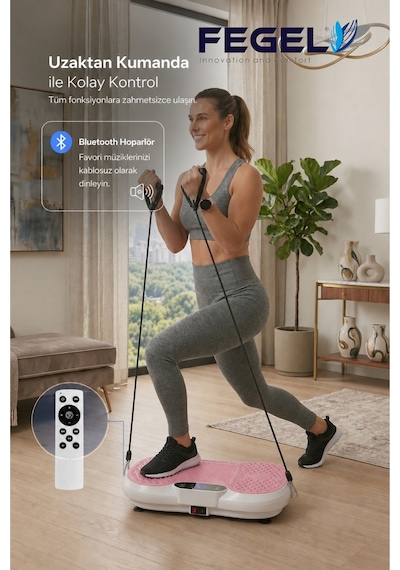 Fegel FG-6500 99 Kademeli Hoparlörlü Direnç Bantlı Uzaktan Kumandalı Titreşimli Fitness Platformu Pembe