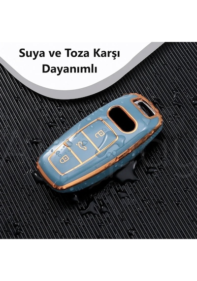 Audi A3 A4 A6 A7 A8 & B9 C8 4k D5 & S7 S8 & Q7 Q8 & E-tron Gold Kenar Tpu Anahtar Kılıfı Mavi