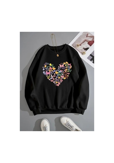 Herkesemoda Renkli Kalp Baskılı Siyah 2 İplik Şardonlu Bisiklet Yaka Sweatshirt Siyah