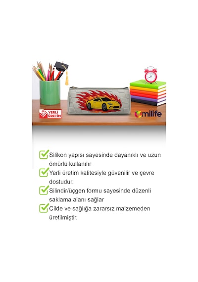 Araba Tasarımlı Pvc Kalem Kutusu Dayanıklı Silikon Yapı, Çocuklar İçin Şık Ve Pratik Saklama Kutusu, Çevre Dostu Ve Uzun Ömürlü Gri
