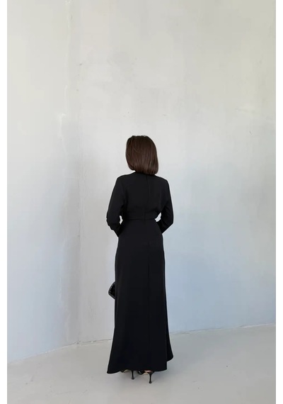 Feminist Siyah V Yaka Tokalı Bel Pileli Uzun Kol Elbise 475262739
