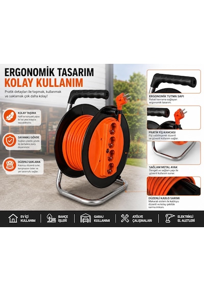 Makaralı Uzatma Kablosu 3x2.5mm- 20m/30m/40m/50m Güçlü Ve Dayanıklı 50 Metre Diger