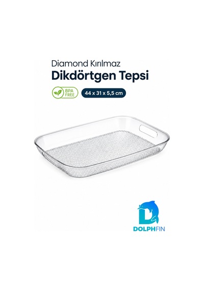 Diamond Kırılmaz Dikdörtgen Servis Tepsisi 44x31 Cm Kulplu Şeffaf Bpa İçermez