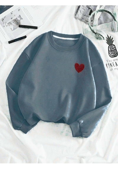 Kırmızı Minimal Kalp Baskılı Sweatshirt - Füme Kalın Kışlık Bisiklet Yaka Füme