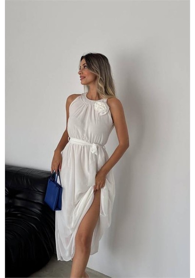 Neşeli Butik Kadın Gül Broş Detaylı Uzun Şifon Elbise Nbk2144 Beyaz