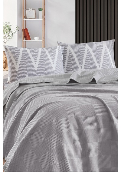 Eponj Home Lastikli Çarşaflı Pike Takımı Çift Kişilik %100 Pamuk 4 Parça K.olivia Desenli Gri Weave Serisi Gri