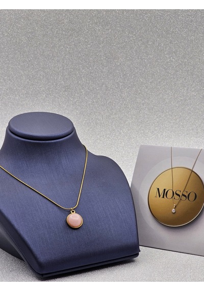 Pembe Taşlı Gold Kenarlı Çelik Kolye Altın
