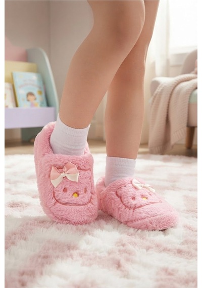 Modafocus Kız Çocuk Kedi Figürlü Peluş Panduf - Pembe Pembe
