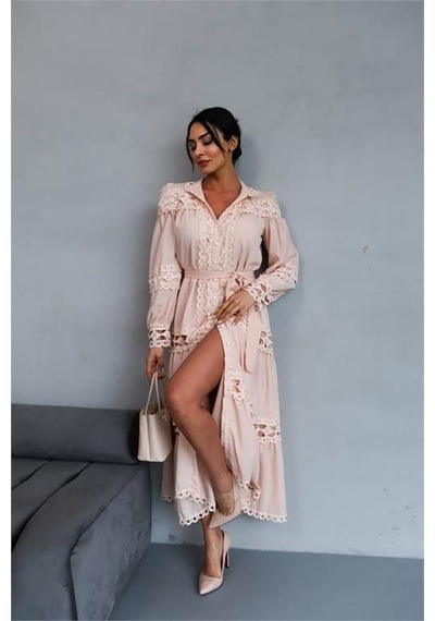 Neşeli Butik Kadın Uzun Dantel Detaylı Tasarım Elbise Nbms42110 Bej