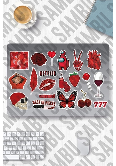 Red Aesthetic Temalı Sticker Etiket Seti 1 - Kırmızı Sticker - Laptop Notebook Telefon