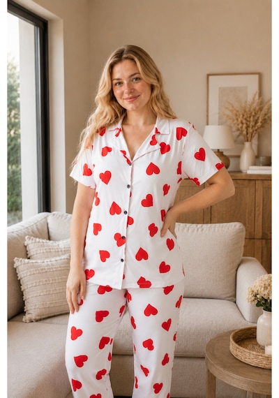 Rindahomewear Büyük Beden Kalp Desenli Milan Düğmeli Pijama Takımı Beyaz