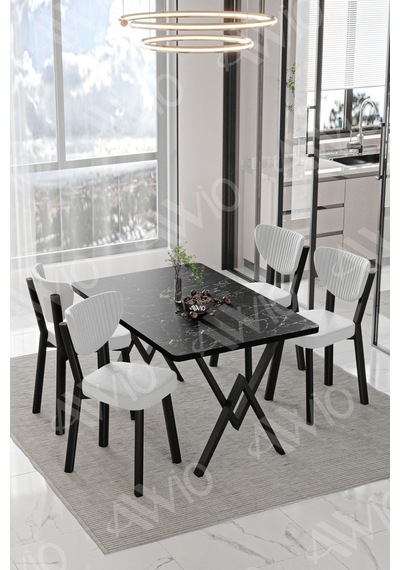 Avvio Carla Elma Sandalye 80x120 Yemek Masası Mutfak Masası 4 Kişilik Masa Sandalye Takım Siyah Mermer