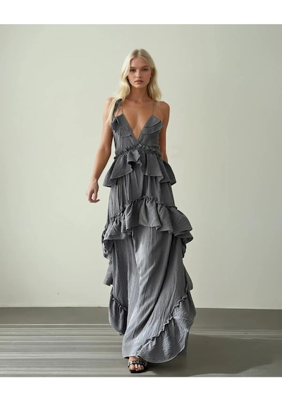 Fashion Cocktail İp Bağlama Askılı Fırfırlı Hacimli Dalgalı Hareketli Yırtmaçsız Maxi Uzun Yazlık Sahil Tatil Elbise Gri