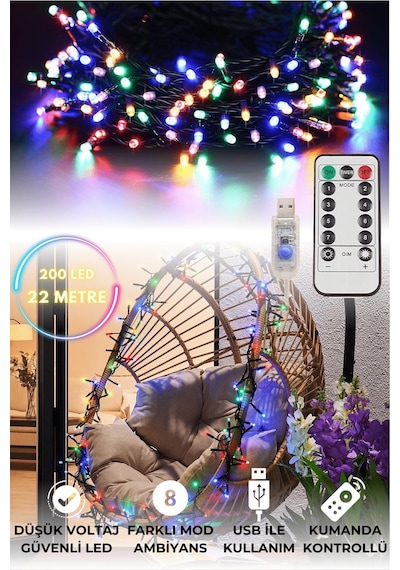 Technosmart 200 Ledli Usbli Kumandalı 8 Modlu Şerit Led Işık Parti Süsleme Organizasyon RGB