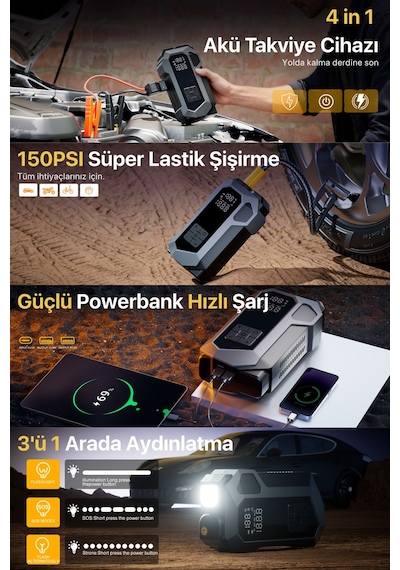 Akü Takviye 4 In 1 Şarjlı Akü Takviye Cihazı 18.000 Mah Gerçek Değer Akım Koruma Güçlü Seri 150 Psı