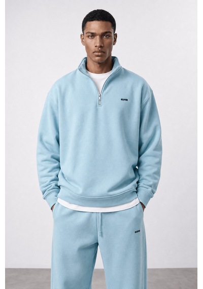 Erkek Respire Basic Half Zip Oversize Sweatshirt Bebe Mavi