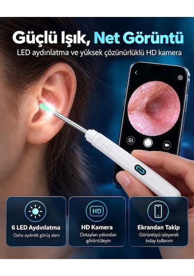 Valkyrie Valkyrie Kameralı Kulak Temizleme Cihazı Wi-fi Hd Kamera Led Işıklı Type-c Şarjlı 8 Parça Set