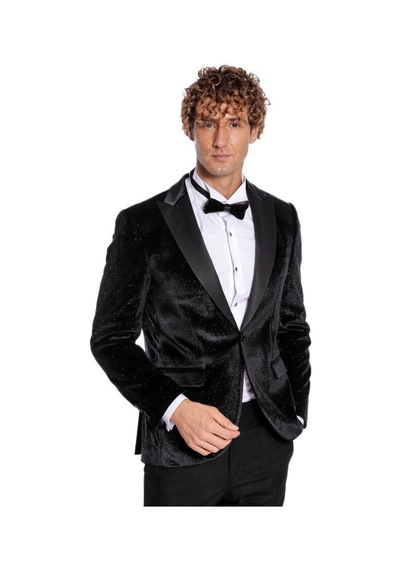 Simli Slim Fit Kadife Siyah Erkek Smokin Ceket - Wessi Siyah