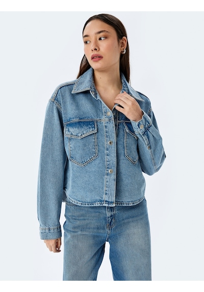 Koton Cep Detaylı Klasik Yaka Düğmeli Denim Ceket Açık İndigo 5sal50004md Açık İndigo
