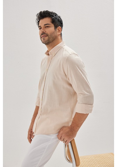 AC&Co / Altınyıldız Classics Erkek Bej Tailored Slim Fit Dar Kesim Düğmeli Yaka Keten Görünümlü %100 Pamuk Flamlı Gömlek Bej