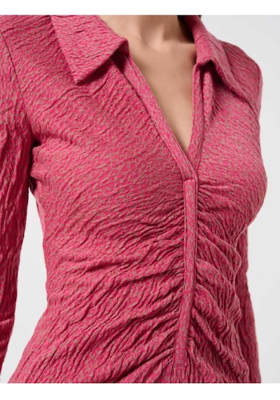 Pembe Dar Kesim Polo Yaka Uzun Kollu Desenli Mini Elbise Fuşya
