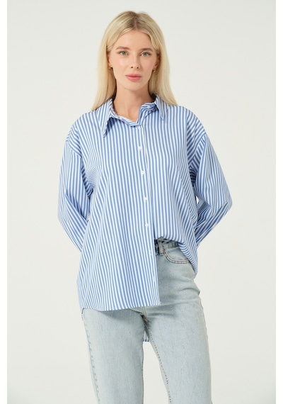 Samore Basic Oversize Çizgili Gömlek Buz Mavisi