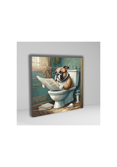 Tekli Kare Kanvas Banyo Tablosu Gazete Okuyan Bulldog Köpek Kanvas Çok Renkli Çerçevesiz