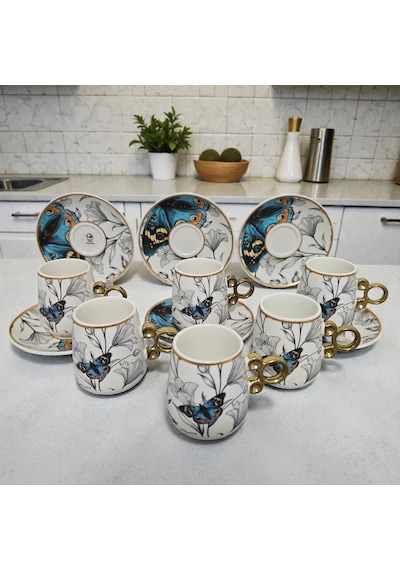 Sudedi Home Floral Renkli Yaldızlı 6 Kişilik Kahve Fincan Takımı Çok Renkli