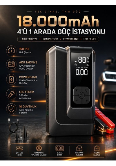Q16b Akü Takviye Cihazı 18000mah, 150 Psı Hava Kompresörü, Jump Starter Powerbank, Led Fenerli Dijital Ekranlı Last