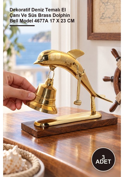 3 Adet Pirinç Yunus Balığı Çan Dekoratif Deniz Temalı El Çanı Ve Süs Brass Dolphin Bell Model 4677a 17 X 23 Cm