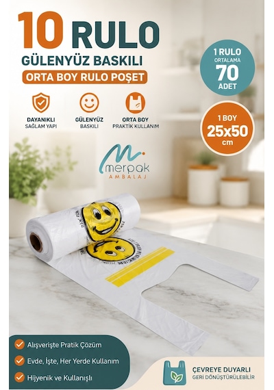 Gülenyüz Baskılı Rulo Poşet Orta Boy 10 Rulo Hışır Atlet Poşet Market Manav Poşeti