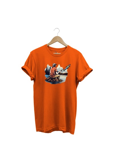 Fishing Balıkçılık Baskılı Olta Ile Alabalık Avı %100 Pamuk Regular Fit Turuncu T-shirt Turuncu