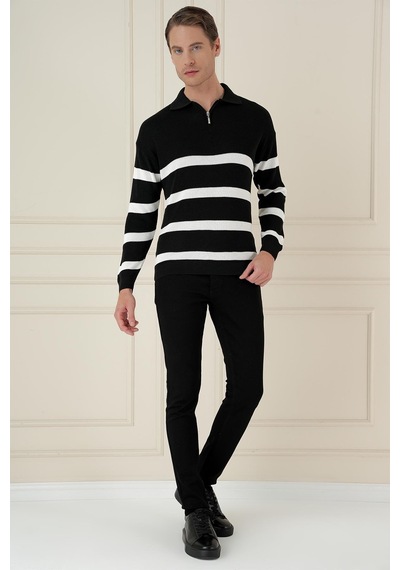Efor Slim Fit Çizgili Fermuarlı Polo Yaka Siyah Triko Kazak Tr 877 Siyah