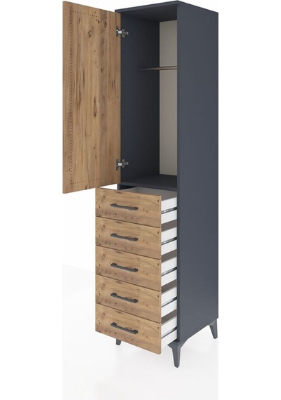 Hyperion Dolap Tek Raflı 5 Çekmeceli Tek Askılı 44x44x195 Antrasit-çam Antrasit