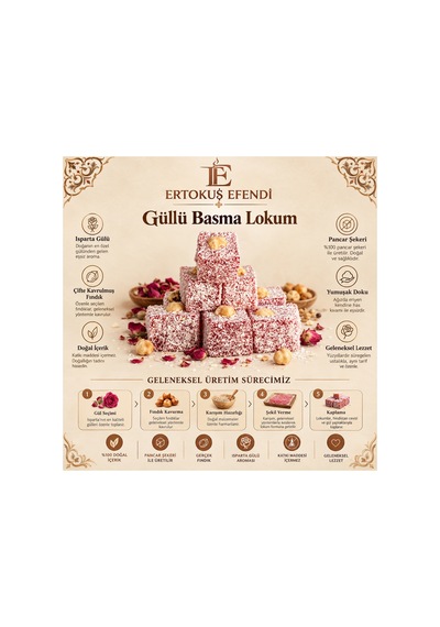Güllü Basma Türk Lokumu 350gr %100 Pancar Şekeri Glikoz İçermez - 938210103