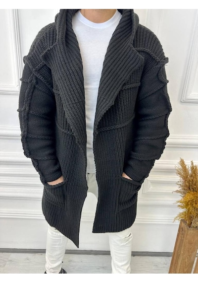 Elku Moda Elkumoda Hırka Kapüşonlu Cepli Örgü Triko Uzun Panço Hırka Hırka2785-HIRKA2785