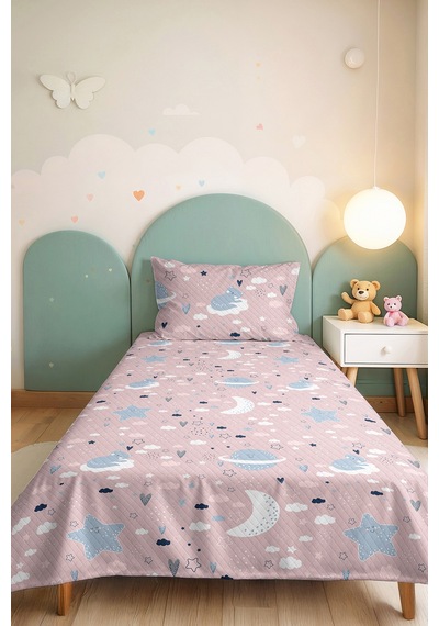 Evimde Bambaşka Pembe Uzay Yıldız Kız Çocuk Pike Takımı - Ay Bulut Mavi Bebek Odası Yazlık Yatak Örtüsü - 160x220  CM